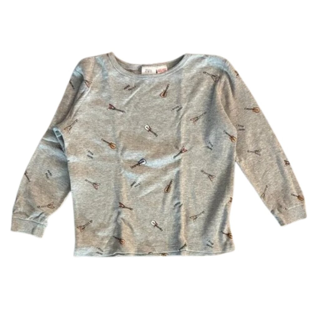 Zara Heather Gray Guitar Print Long Sleeve Crewneck top Shirt 6-7 year old boy